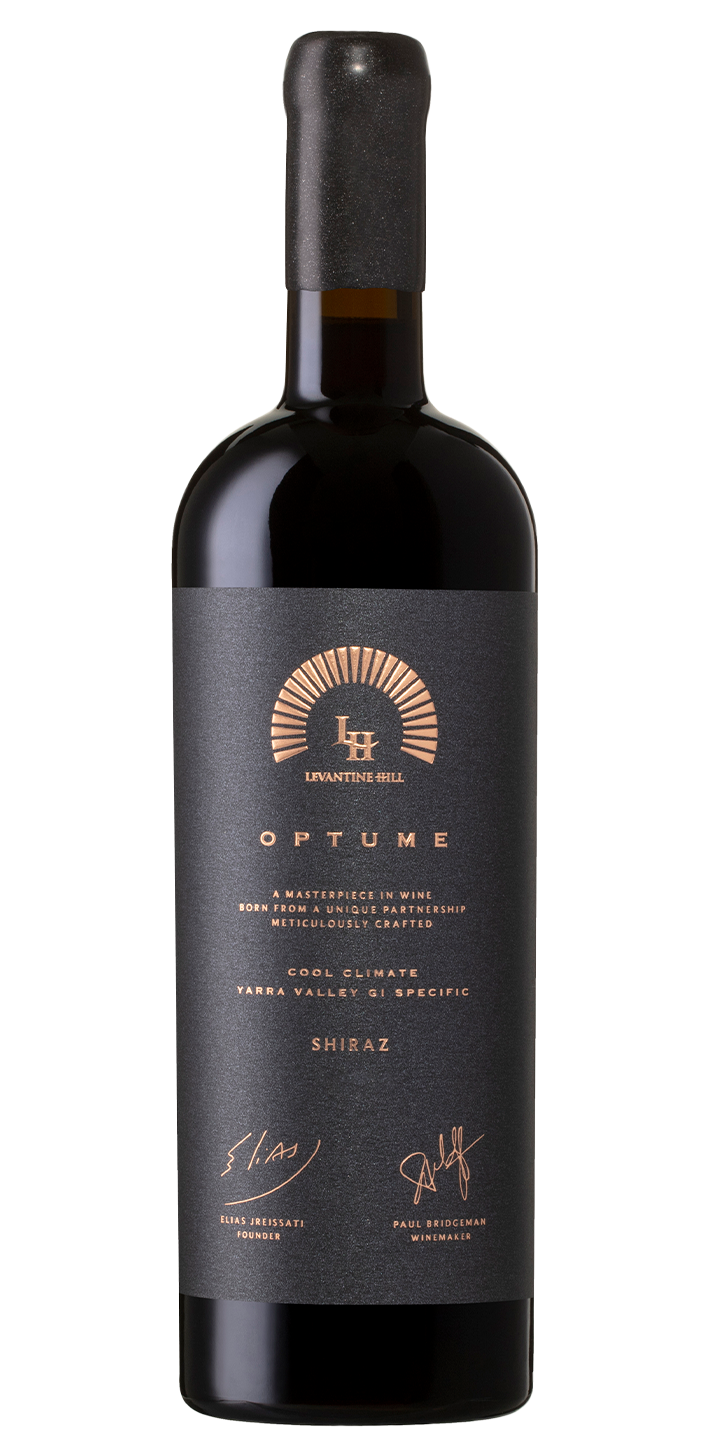 A bottle of La Vigne d'Or Optume Shiraz wine, featuring a dark charcoal gray label with gold typography and a black capsule, set against a plain white background.